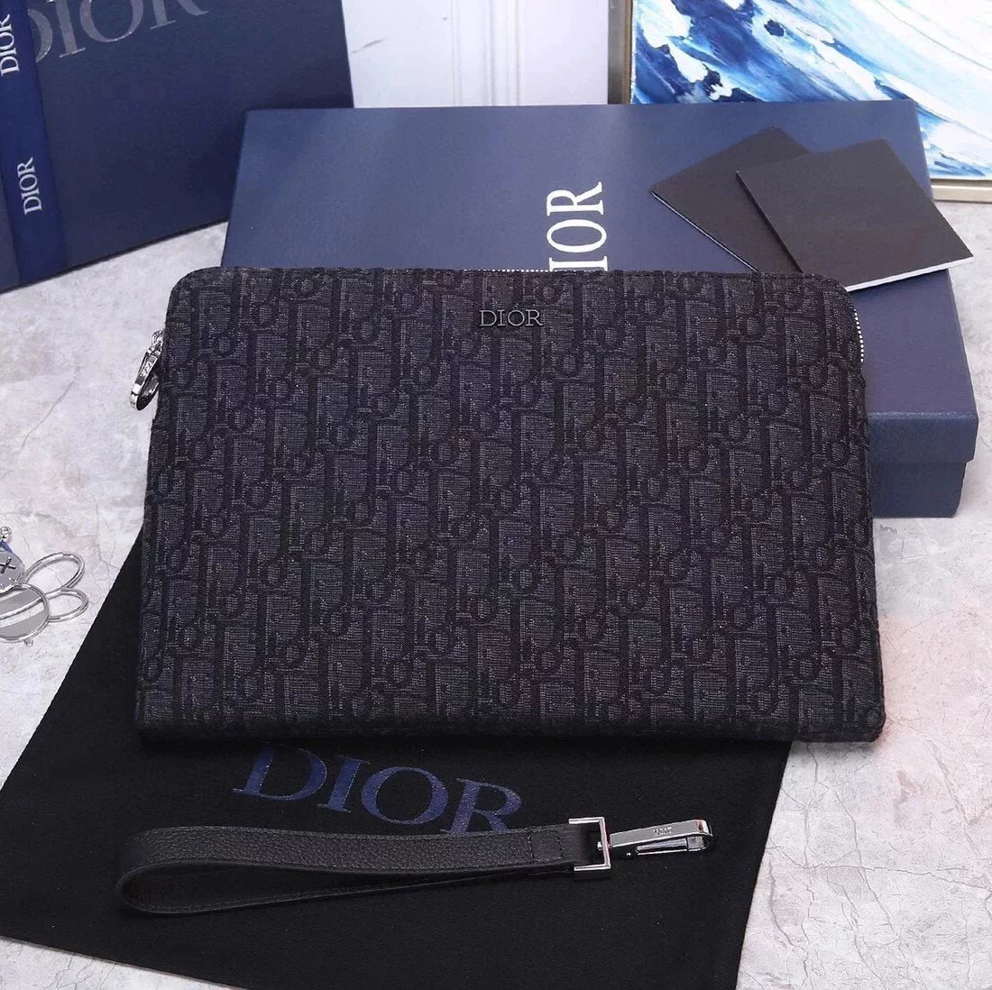 Dior Men's Bag Top version OBLIQUE Presbyopic Men's Clutch Original Quality Imported Original Black Cloth Presbyopic Jacquard Men's Bag