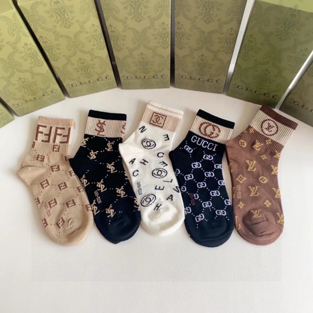 Gucci Sock 【Five Pairs Per Box】Alphabet Jacquard logo Mid-Calf Slouch Socks Pure Cotton Breathable Fashionable25ss New Cotton Socks Spring Summer Autumn Sports Casual Versatile Business Thin Deodorant Sweat-Absorbing