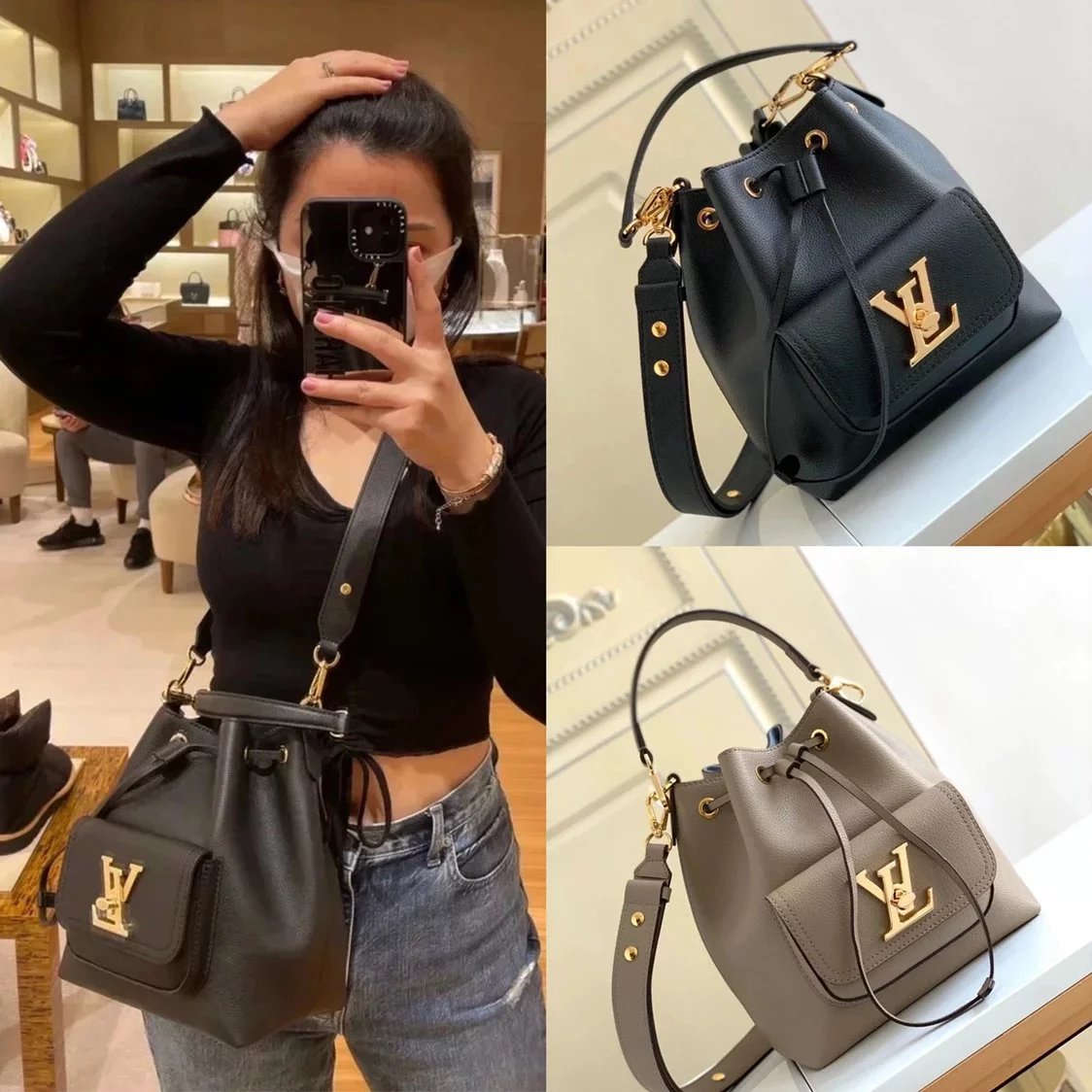 Louis Vuitton LV Backpack Top version M57687Black M54688Gray M57689Brown LOCKMEBUCK Drawstring Twistlock Lock Bucket Bag Full Leather Shoulder Crossbody Handbag