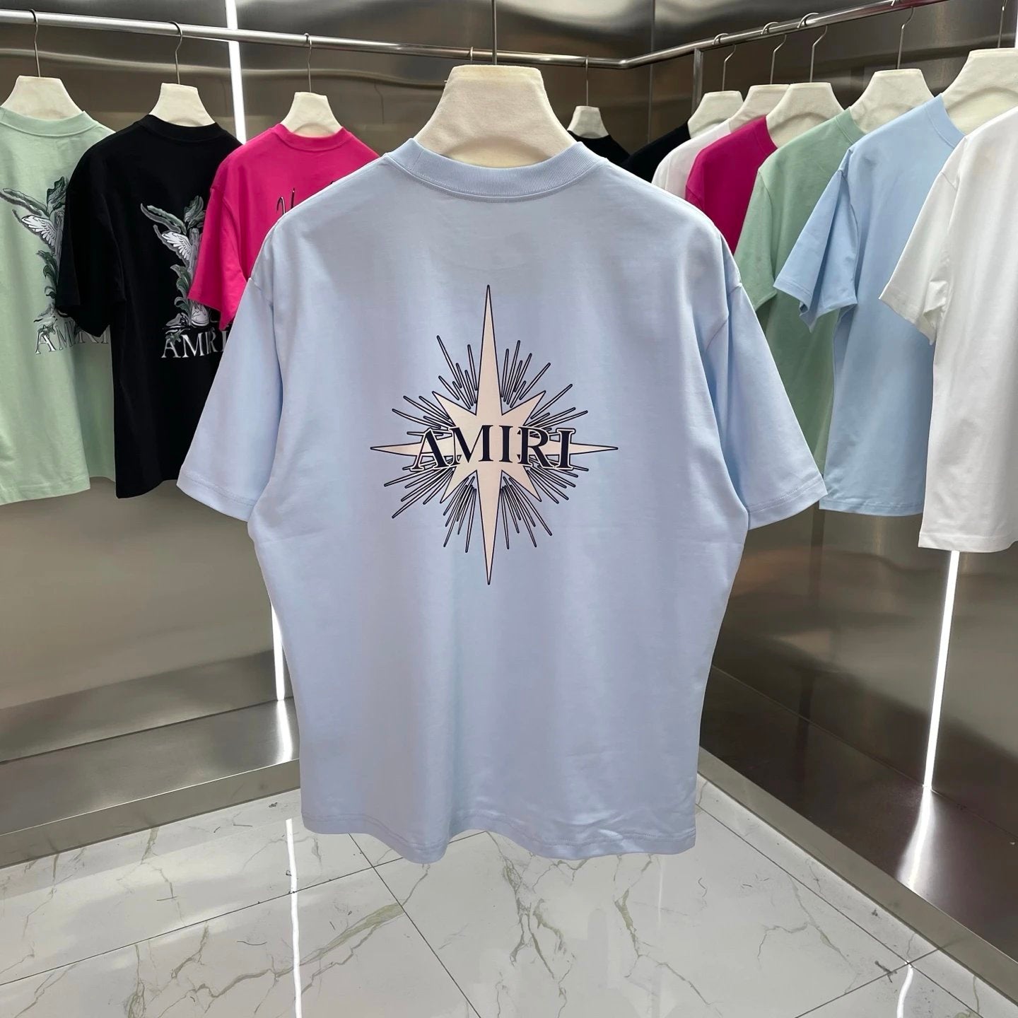 Amiri T-shirt Star Pattern Print on Back logo round Neck Short Sleeve25ss New Pure Cotton Unisex Style T T-shirt OS Loose Fit Base Shirt Half Sleeve T-Shirt Top Half Sleeve