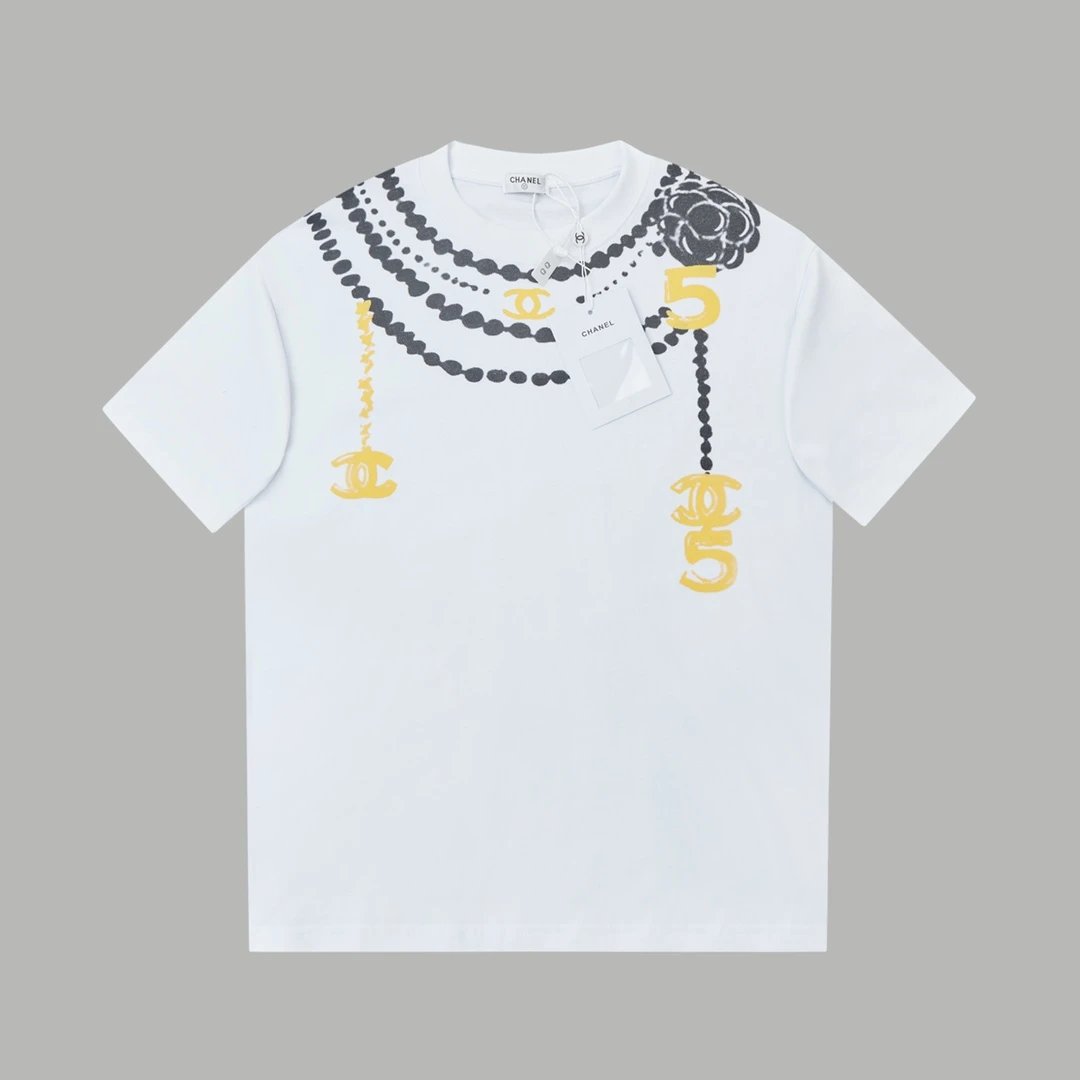 Chanel T-shirt Necklace with Alphabet and Number Print logo round Neck Short Sleeve25ss New Pure Cotton Unisex Style T T-shirt OS Loose Fit Base Shirt Top Half Sleeve T-Shirt