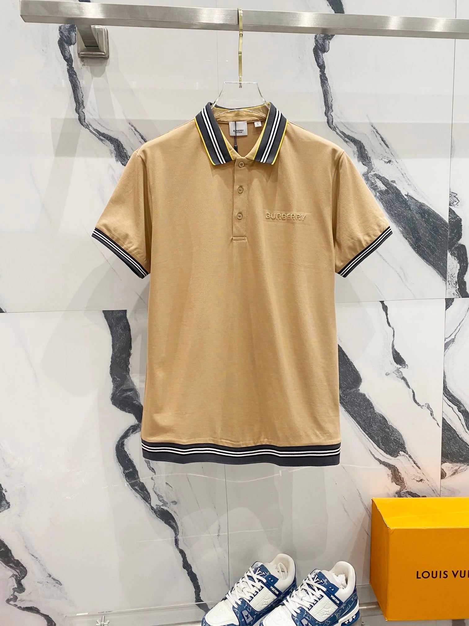 Burberry T-shirt Embroidered Small Letters LOGO Striped Stitching POLO Short Sleeve Shirt with Turn-down Collar for Men and Women, Summer Half Sleeve OS Loose T Business Casual Half Sleeve Shirt Plus Size T-Shirt