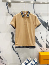 Burberry T-shirt Embroidered Small Letters LOGO Striped Stitching POLO Short Sleeve Shirt with Turn-down Collar for Men and Women, Summer Half Sleeve OS Loose T Business Casual Half Sleeve Shirt Plus Size T-Shirt