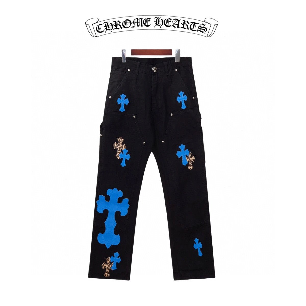 Chrome Hearts Jeans Klein Blue Cross Leather Patchwork logo25ss Spring Summer New Straight Leg Jeans Unisex Slim Fit Long Pants Loose