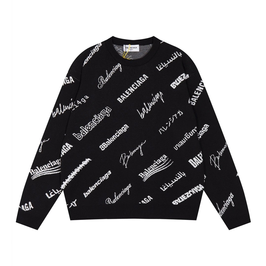 Balenciaga Sweater Classic Full Logo Barrage Crew Neck Sweater Long Sleeve Thickened Lazy Style Unisex Loose Knit Top Coat Versatile Casual Wear