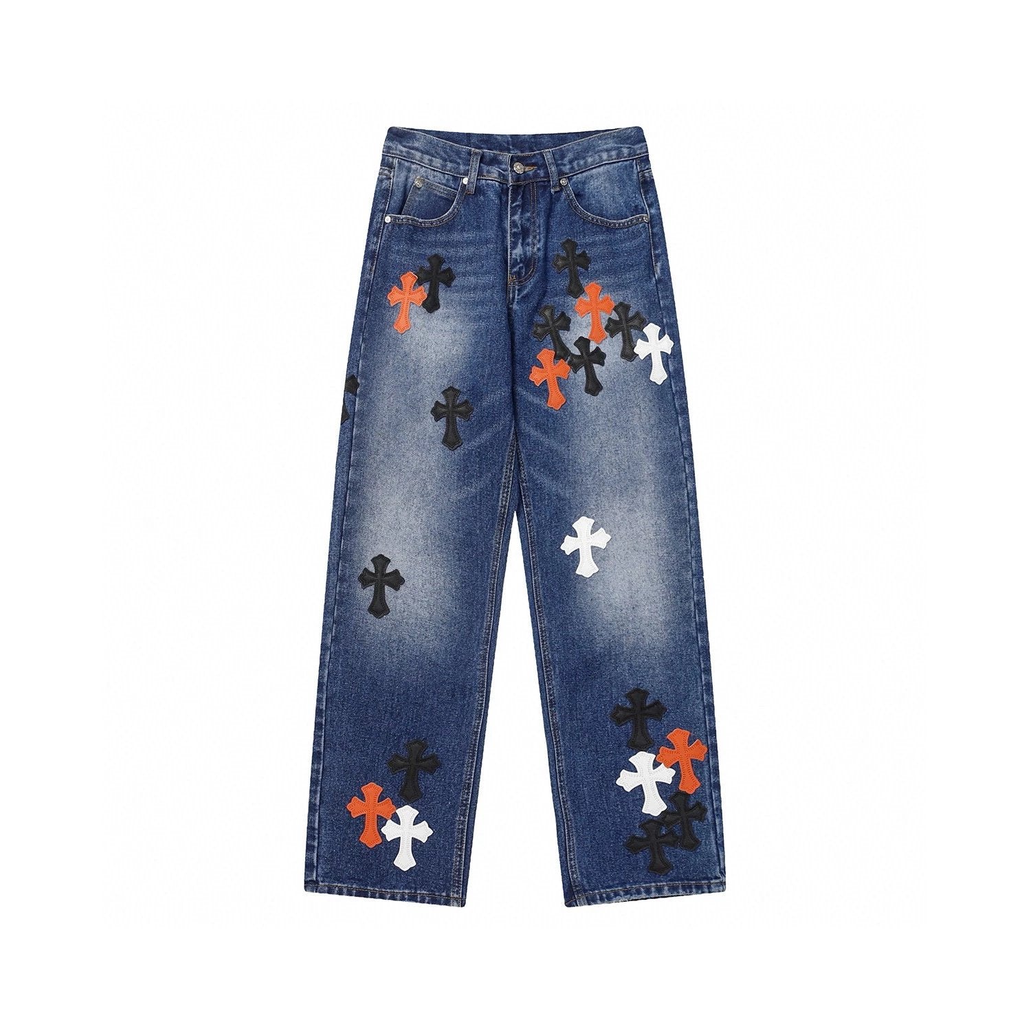 Chrome Hearts Jeans Top Version Jeans Cross Leather Tag Version Worn Jeans Casual Men and Women Slightly Loose All-Matching Contraction Trouser