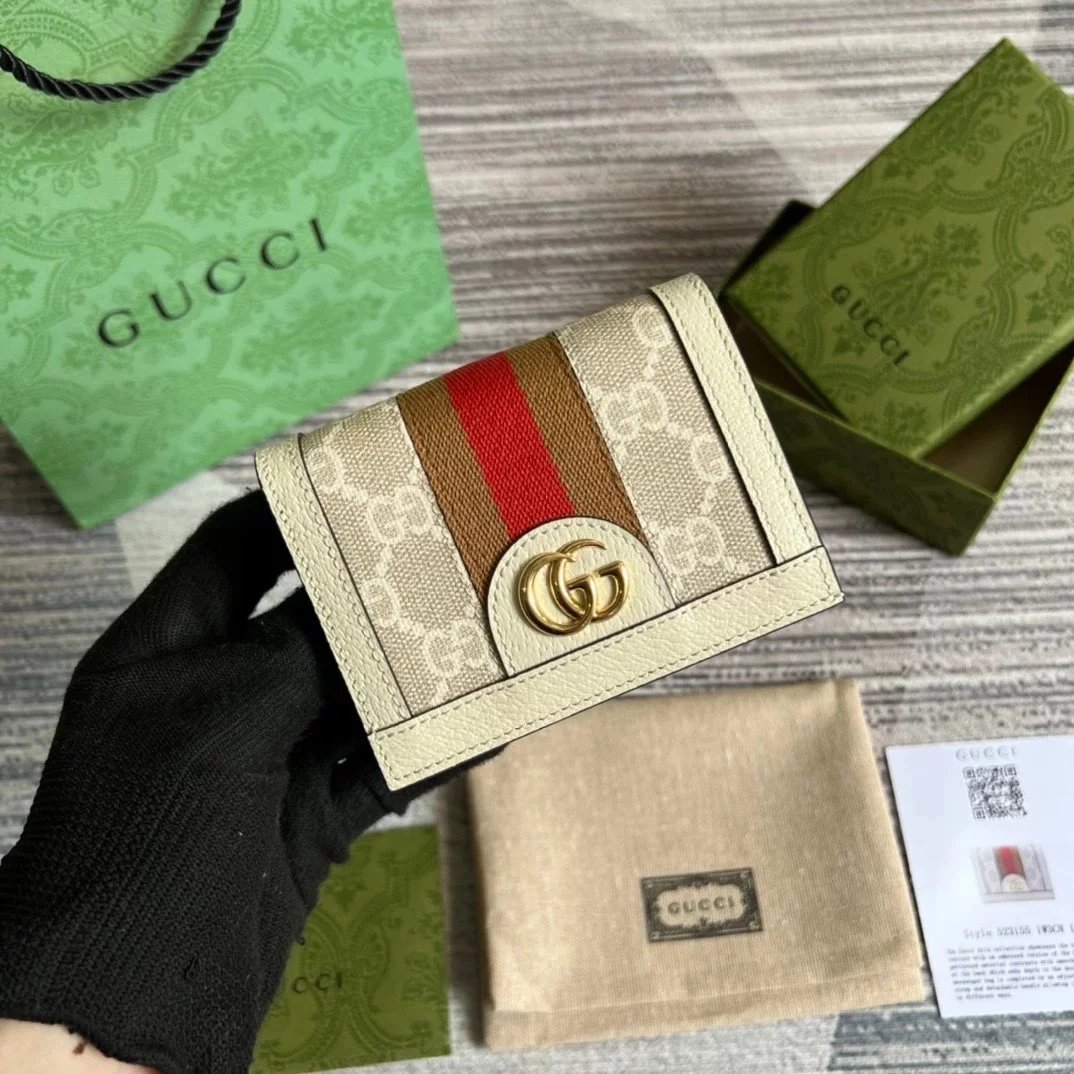 Gucci Wallet Top version Ophidia Series Small Card Holder Wallet Women's Short Wallet Card Clamp Short Wallet Women's Wallet Uses Advanced Artificial Canvas with Iconic Patterns and Stripe Braid