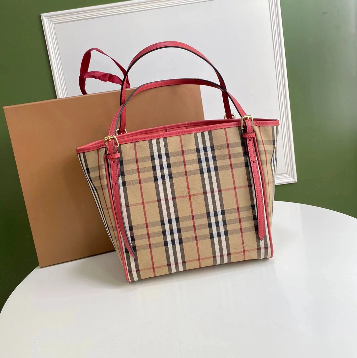 Burberry Women's Bag Top version horseferry Women's Bag Plaid Canvas Tote Shoulder Bag Handbag Shopping Bag Original Single Invisible Horse Shopping Bag Hatchet Man Shopping Bag