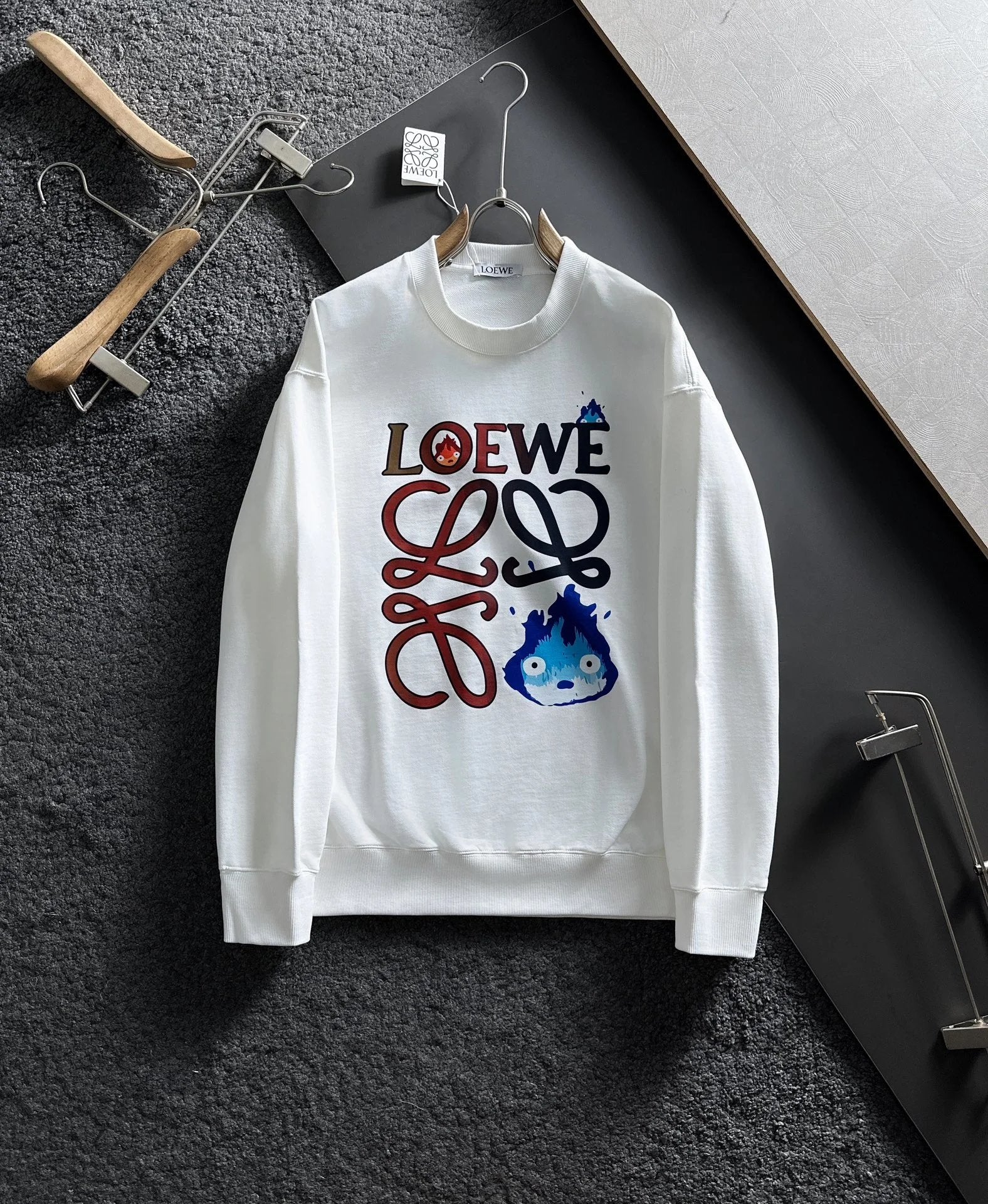 LOEWE Hoodie Fire Spirit Print on the Chest logo Round Neck Sweatshirt Jacket OS Loose Fit Pullover Cotton Long Sleeve Unisex Base Shirt Sports Casual Top