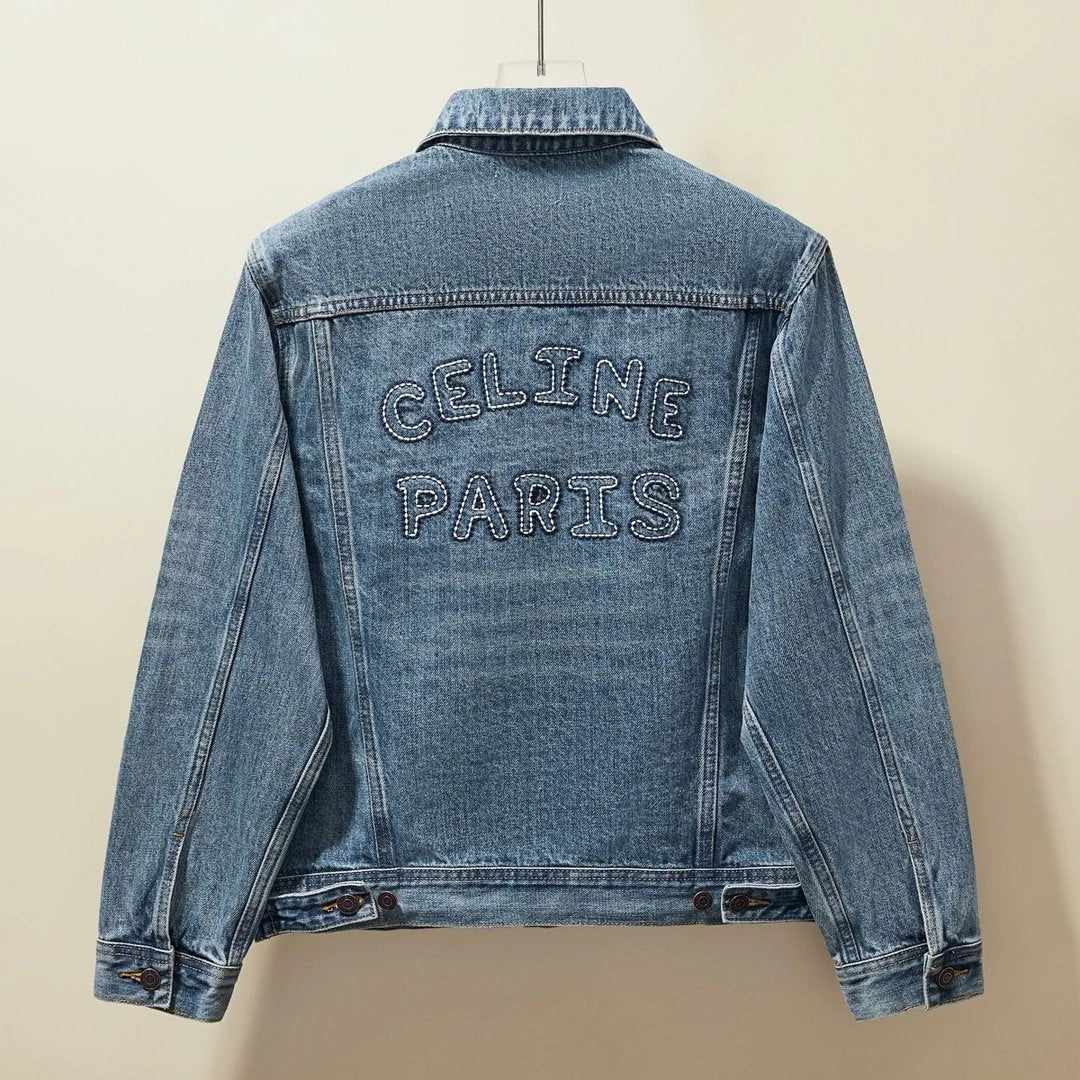 Celine Jackets Embroidered Denim Jacket Fashion Simple Heavy Casual Short Unisex Washed Vintage Turn-down Collar Jacket