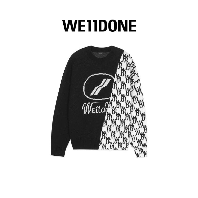 We11done Sweater Top Version Neutral Classic Color Mixing logo Printed Black Loose Casual Jacquard Long-Sleeved Sweater