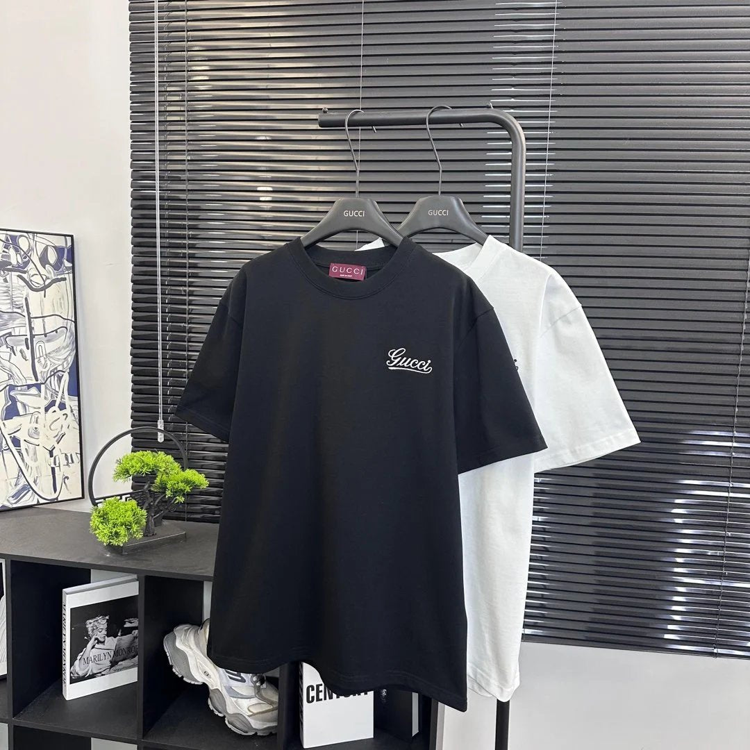 Gucci T-shirt Small Letter Embroidery on Left Chest logo round Neck Short Sleeve25ss New pure cotton T Unisex T-Shirt OS Loose Fit Base Shirt Top Half Sleeve T-Shirt