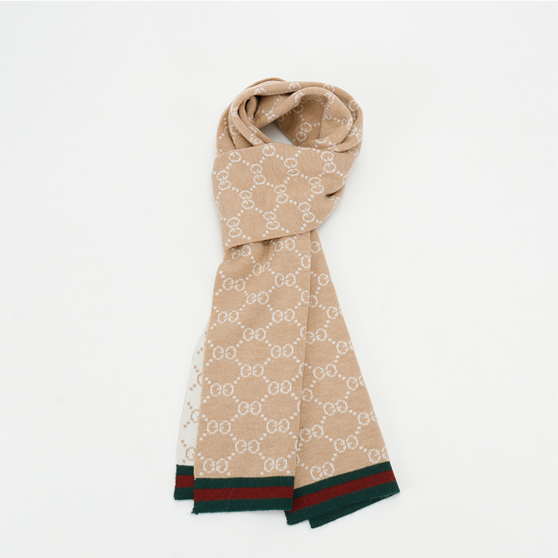 Gucci Scarf Full Print logo Red and Green Ribbon Hem Wool Two-Side Scarf for Men and Women