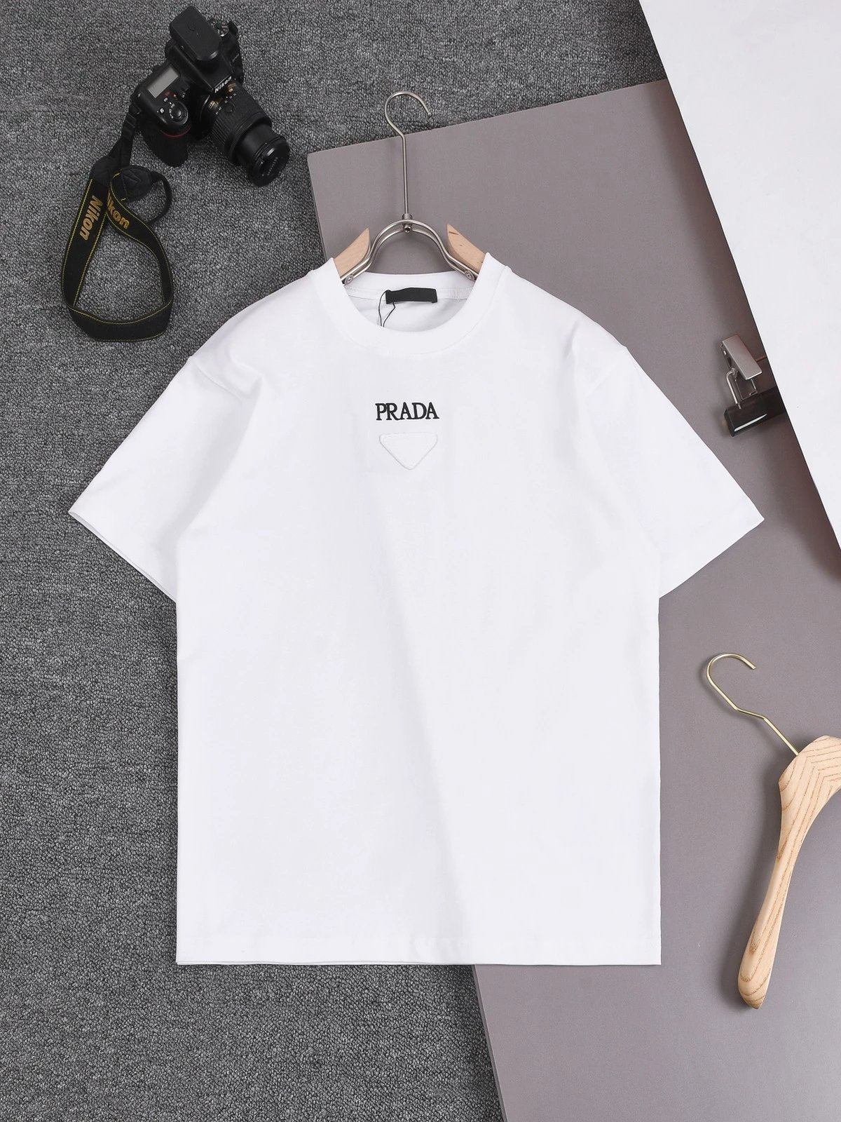PRADA T-shirt Double-layer Triangle Patch on the Chest logo round Neck Short Sleeve25ss New Pure Cotton Unisex Style T Casual T-Shirt Base Layer Shirt OS Loose design