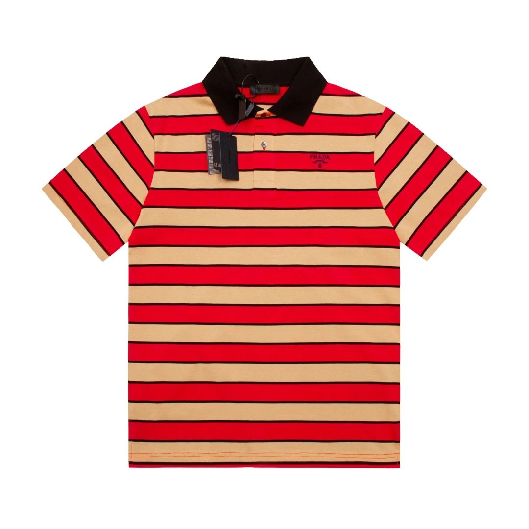 PRADA T-shirt Embroidered Letter Stripe Badge POLO Shirt Lapel Short Sleeve25ss New Unisex Summer Short Sleeve OS Loose T Business Half Sleeve Shirt Plus Size T-Shirt