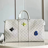 Louis Vuitton LV Travel Bag Top version 【Highest Quality】2022New M20901Gray White Full Leather Rock Climbing Travel Bag Series KEEPALL50Travel Bag Luggage Bag Men's Women's Universal Travel Bag Floral Rock Climbing Full Leather Luggage Bag