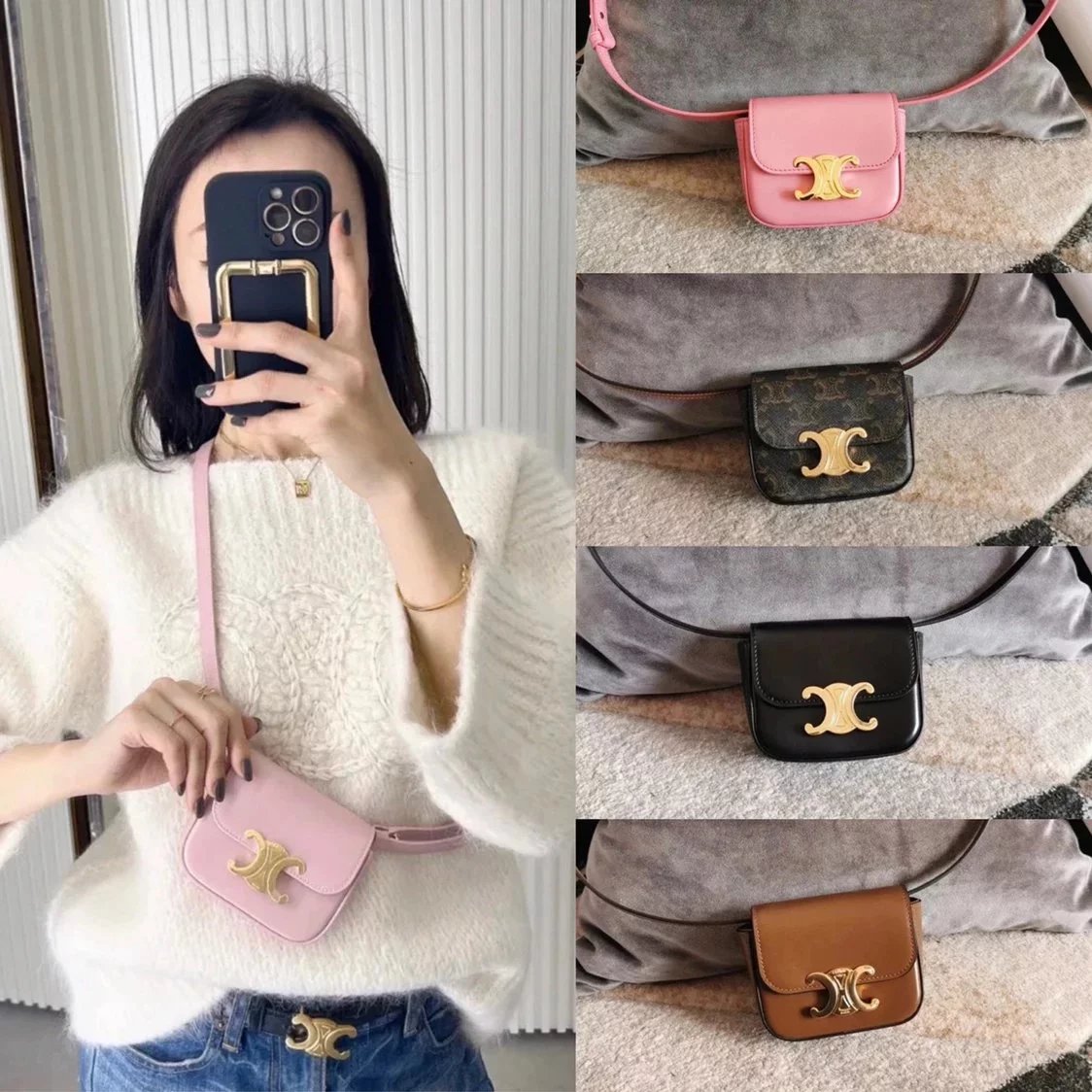 Celine women's bag Top version 【Kowloon Leather Original Leather】2022Spring New Super mini Triomphe Small Waste Bag11cmTriomphe Arc De Triomphe mini Earphone Bag Small Waste Bag2023New Color Cherry Blossom Pink New Women's Bag Shoulder Bag Messenger Bag S