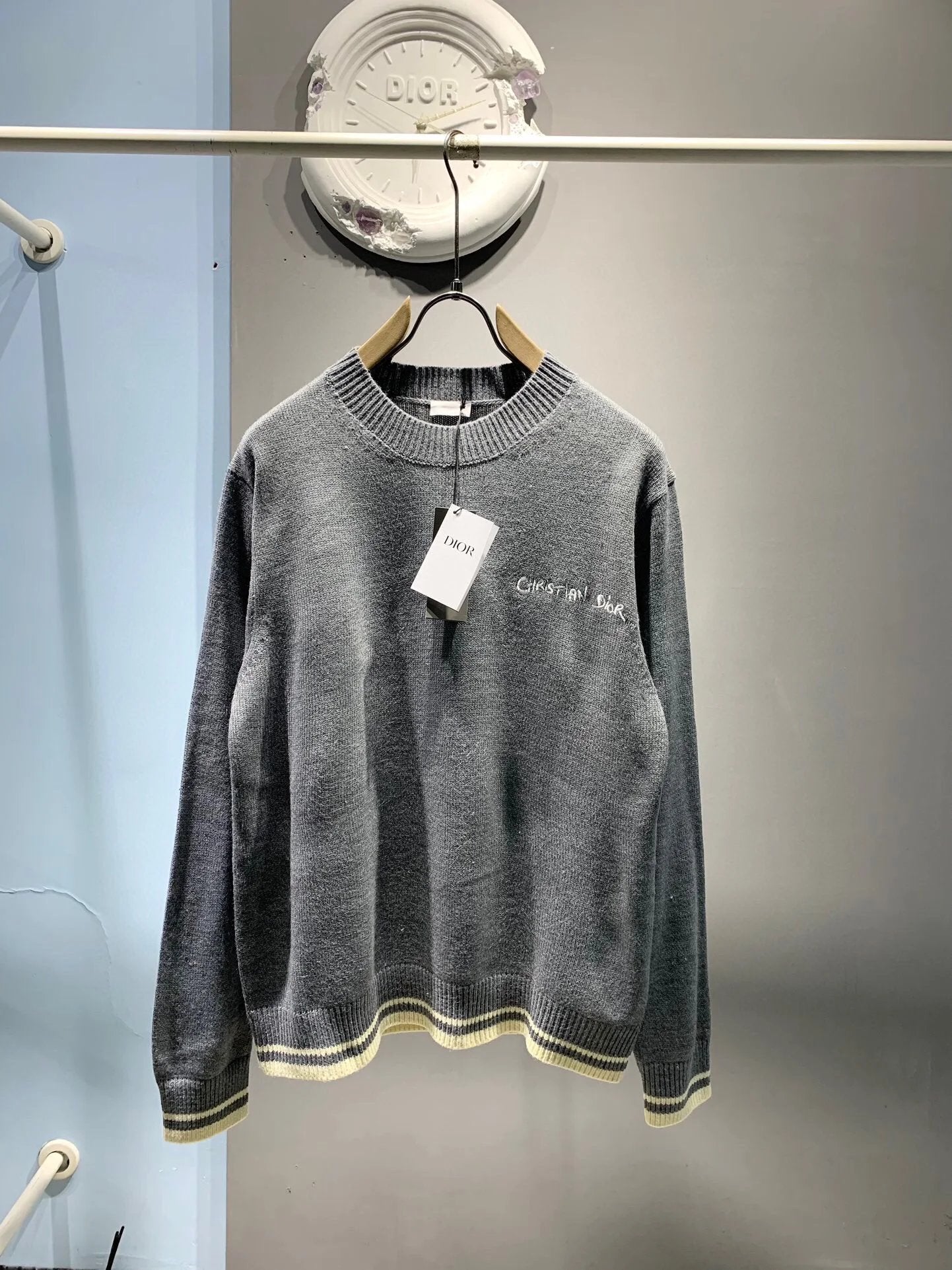 Dior Sweater Wool Blend Embroidered Crew Neck Sweater Knitwear Thickened Lazy Style Unisex Loose Knit Top