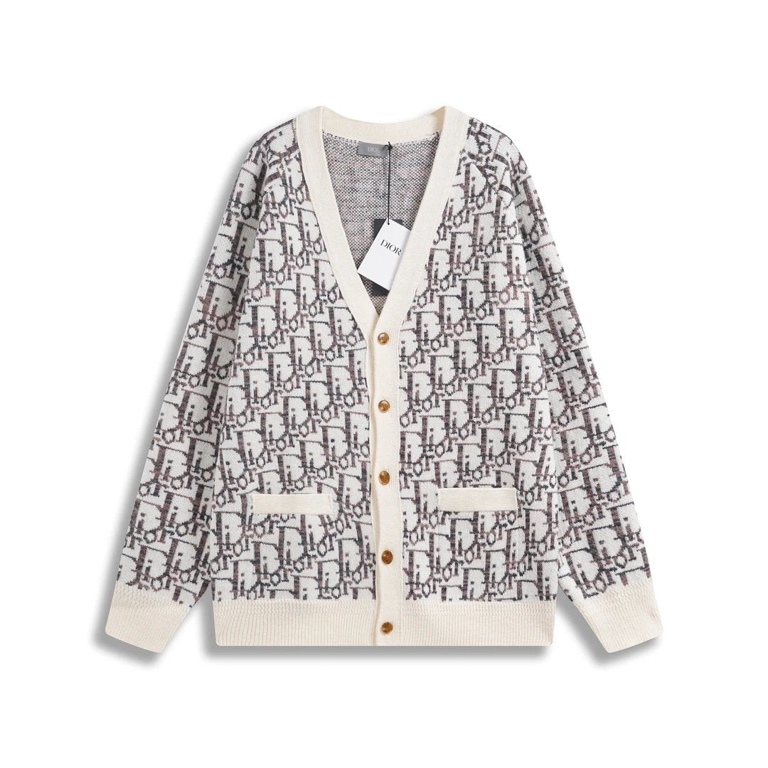 Dior Jackets Sheep Wool Jacquard Fabric Oblique Printed Cardigan Unisex Outerwear Long Sleeve Soft Lazy Style OS Loose Fit Thickened Jacket for Versatile Casual Wear