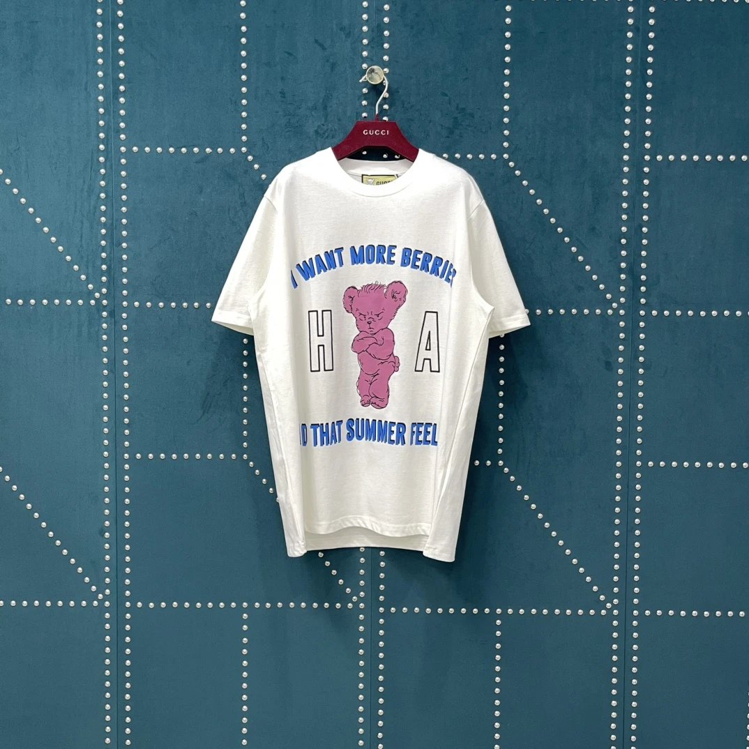 Gucci T-shirt Angry Bear Print on Chest logo round Neck Short Sleeve25ss New pure cotton T Unisex T-Shirt OS Loose Fit Base Shirt Top Half Sleeve T-Shirt