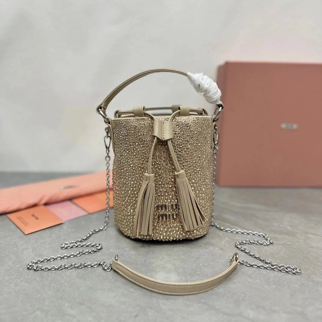 Miu Miu Bag Top version 【Highest Version Original Leather】New Diamond Bucket Bag Tassel Bucket Bag Handbag Crossbody Women's Bag New Full Diamond Small Bucket Rhinestone Tassel Bucket Bag5BE085