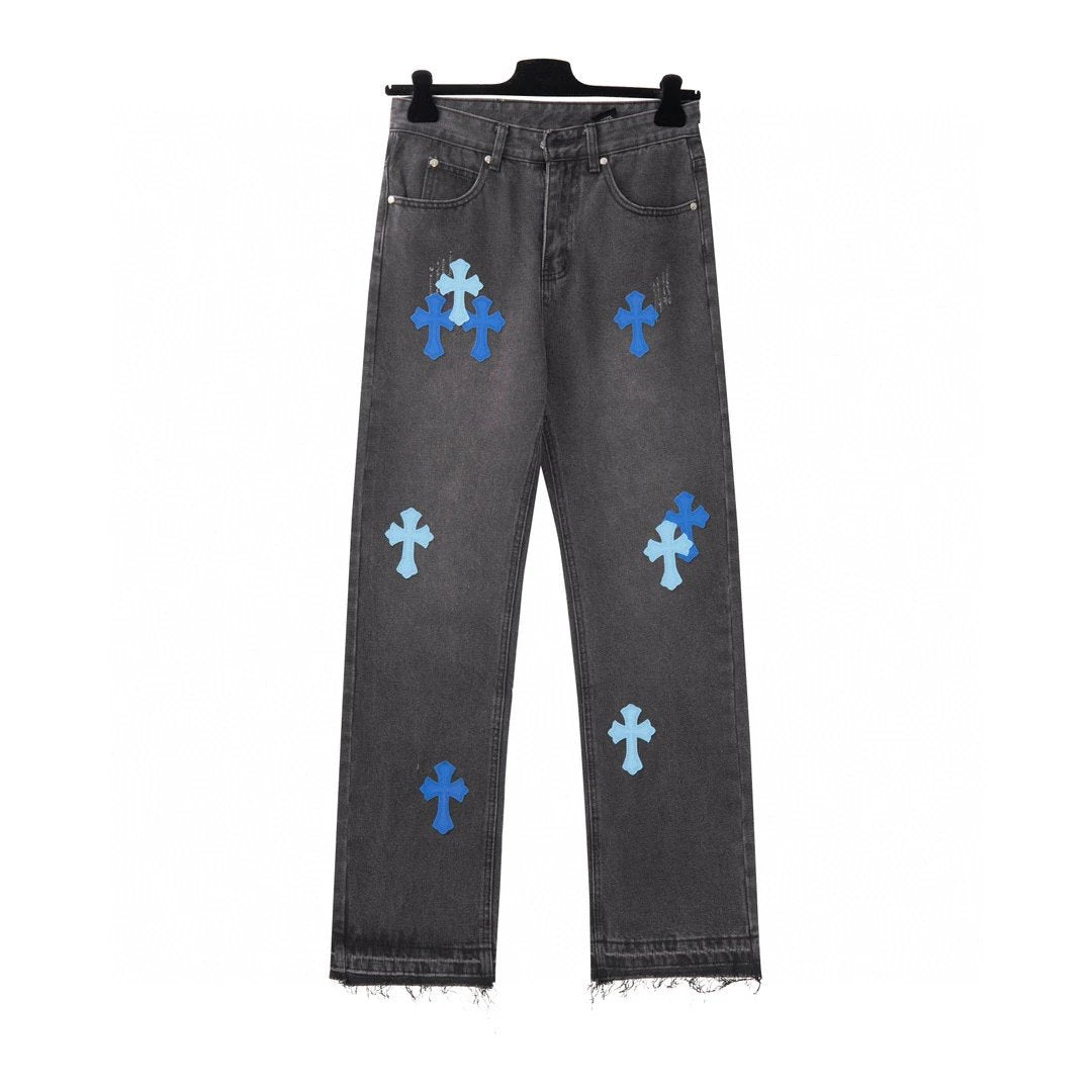 Chrome Hearts Jeans Front and Back Color-Block Cross Stitch Leather logo25ss Spring Summer New Straight Loose Jeans Unisex Slim Fit Long Pants