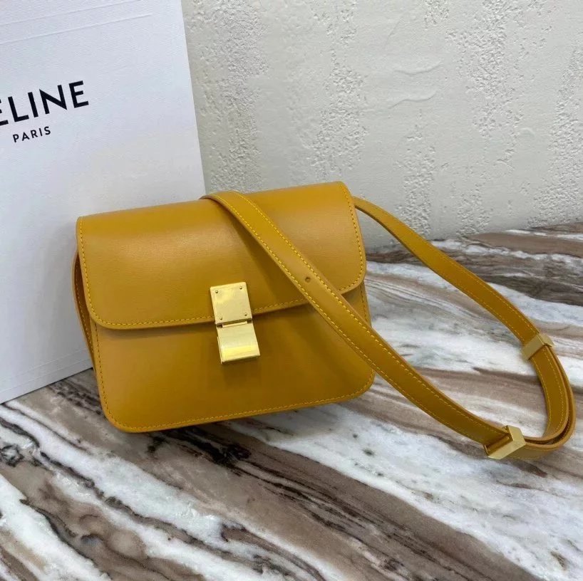 Celine women's bag Top version 【Original Leather】Classic ClassicBox Bag Teen Square Bag Stewardess Bag Box Bag Toothpick Pattern Cowhide Crossbody Women's Bag18.5cmTeenbox Bag