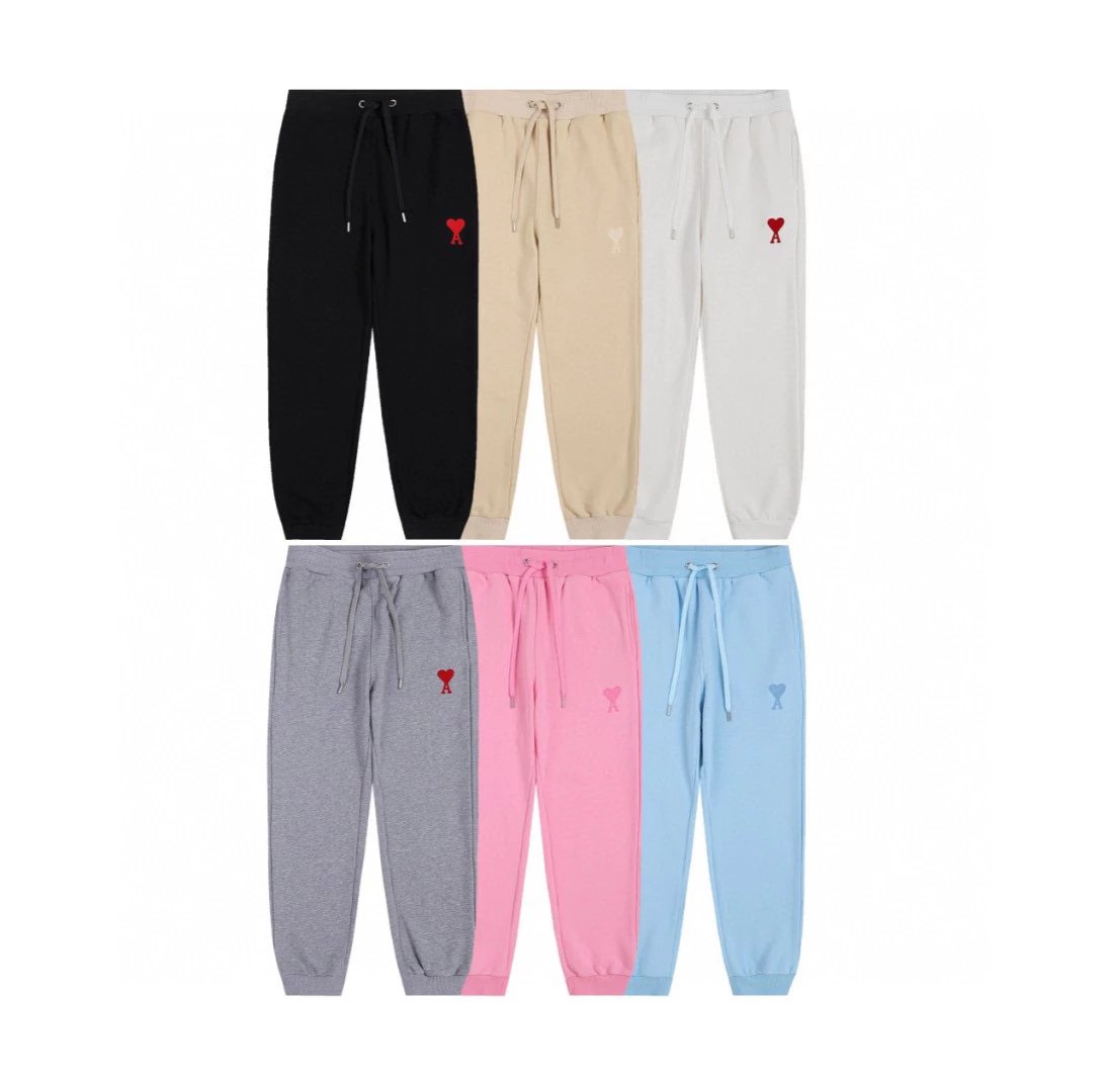 Ami Sweatpants Top Version Autumn and Winter Red New Style Mid-Love Embroidered Sweatpants Men's and Women's Trousers Ankle-Tied