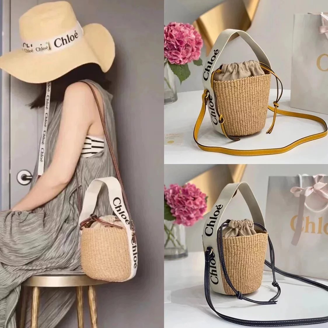 Chloe Bag Top version 2022Spring and Summer-New Rattan Weave Bag SmallWoodyBasket Vegetable Basket Bucket Bag Woven Bag Small Size Woody Cabas Bag Accessories Woody Ribbon Crossbody Shoulder Bag New Women's Bag