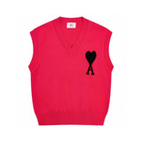 Ami Sweater Top Version Autumn and Winter New Red Heart Letter Collar Sleeveless Sweater Vest Men and Women Same Style