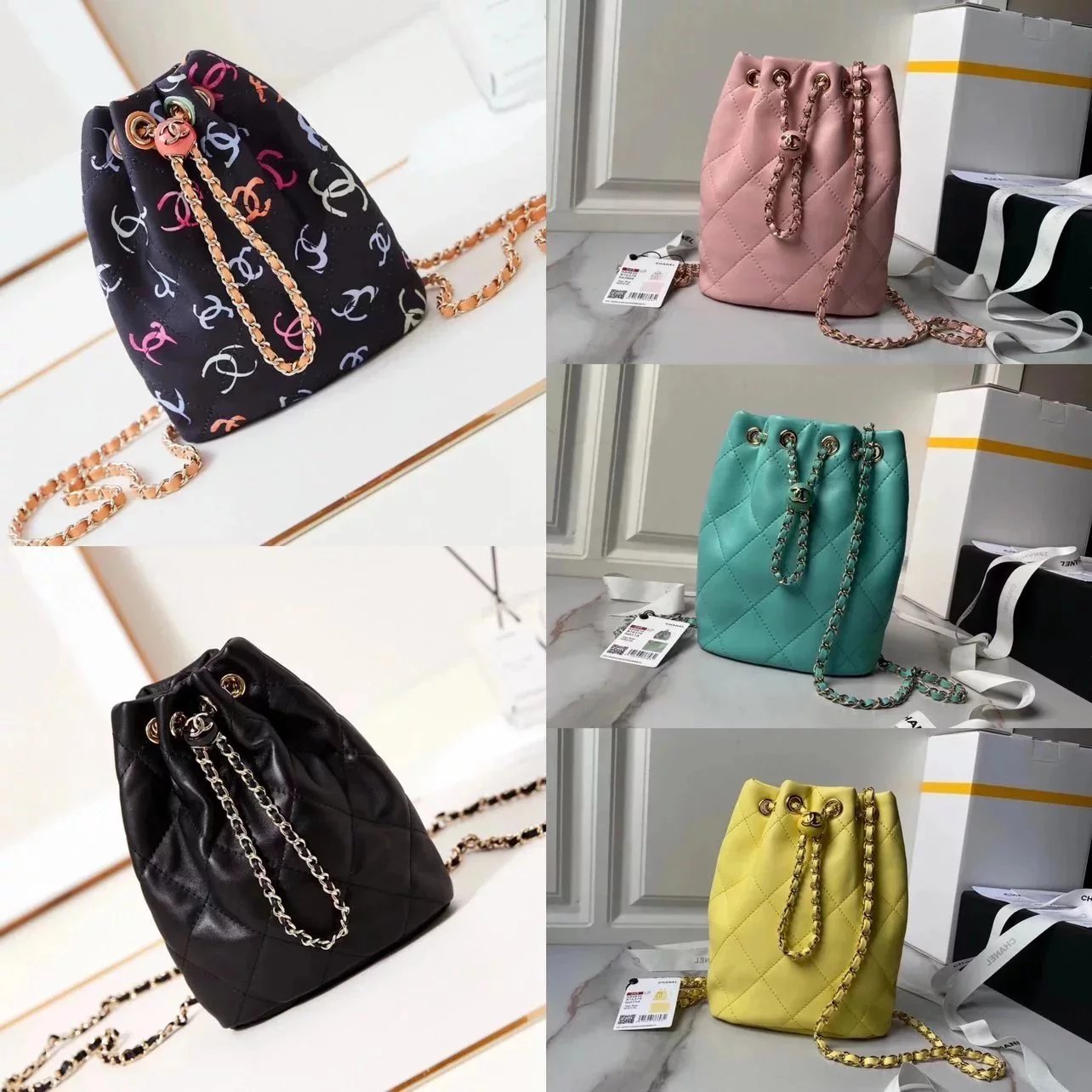 Chanel Women's Bag Top version 【New Arrival】Surrogate Shopping Level in Stock24s Color Graffiti Backpack Drawstring Bucket Bag Color Golden Ball Small Bucket Backpack New Women's Bag As4810