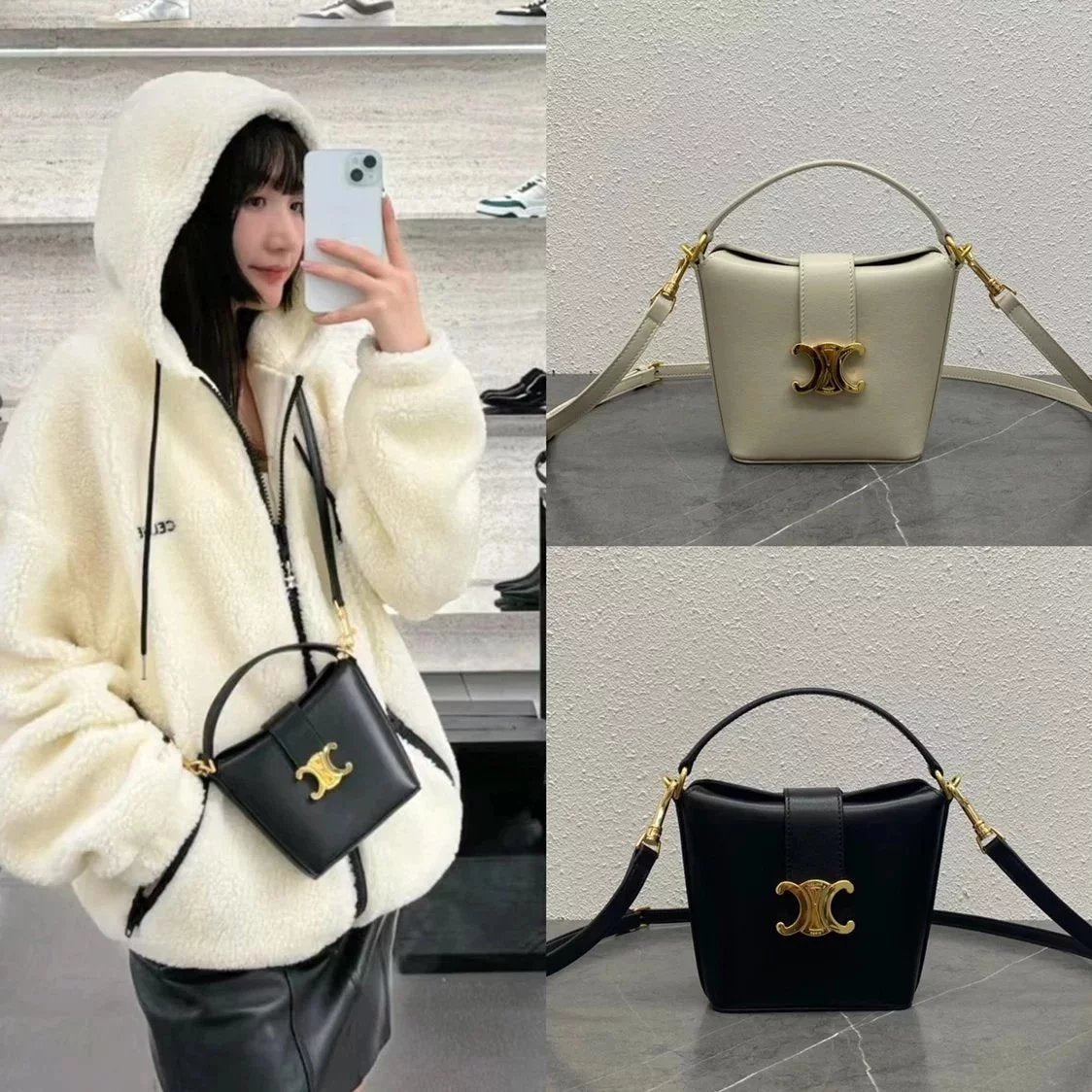 Celine women's bag Top version 【Original Leather】2024Early Spring New Mini Bucket Handbag Bucket Bag TRIOMPHE Arc De Triomphe Mini Cowhide Bucket Bag Bucket Bag100943