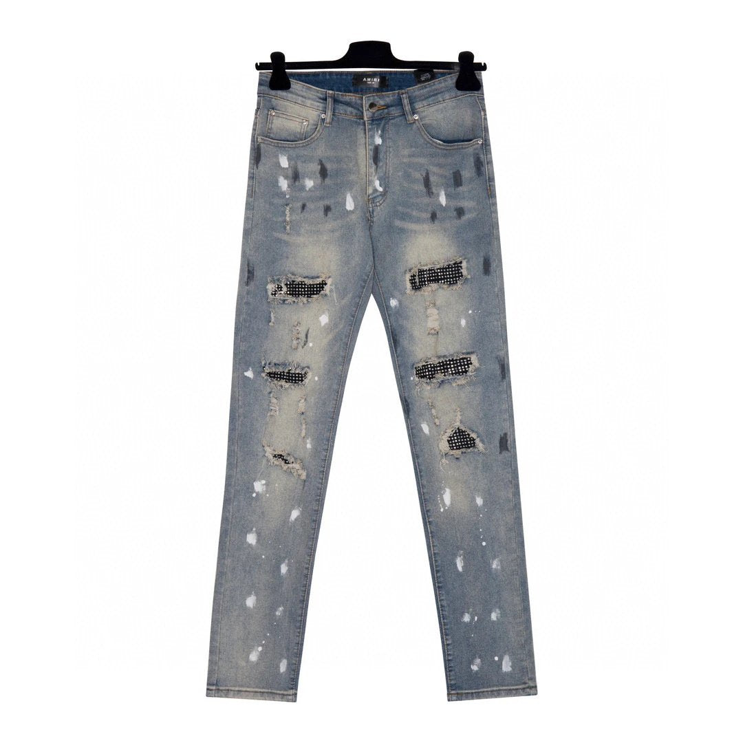 Amiri Jeans Splash Ink Hot Drilling logo25ss Spring Summer New Straight Leg Jeans Unisex Slim Fit Long Pants Loose