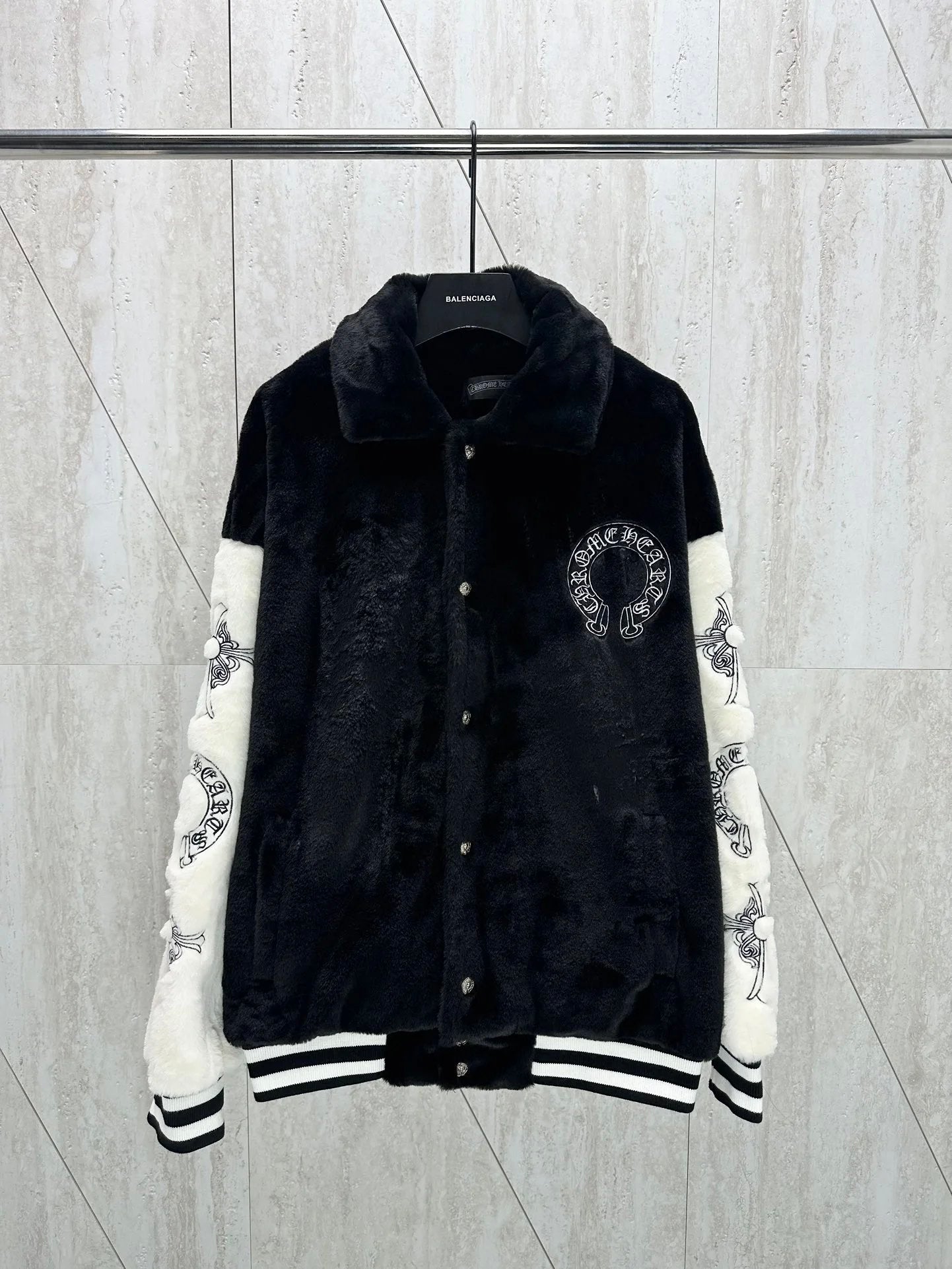 Chrome Hearts Jackets Heavy Industry Embroidery Rabbit Mink Jacket Coat Men and Women Same Autumn and Winter New Loose Sports and Leisure All-Matching