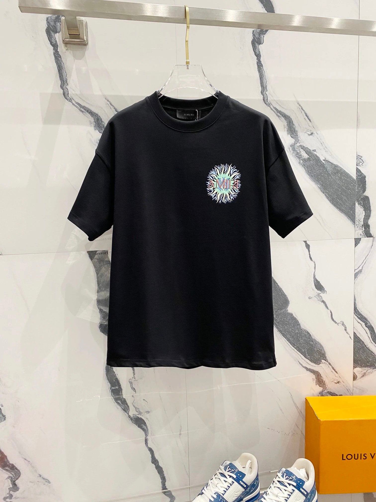 Amiri T-shirt Logo Flame Sun Letter Printing LOGO Logo Crew Neck Short Sleeve Pure Cotton T Unisex T-Shirt OS Loose Fit Casual T-Shirt