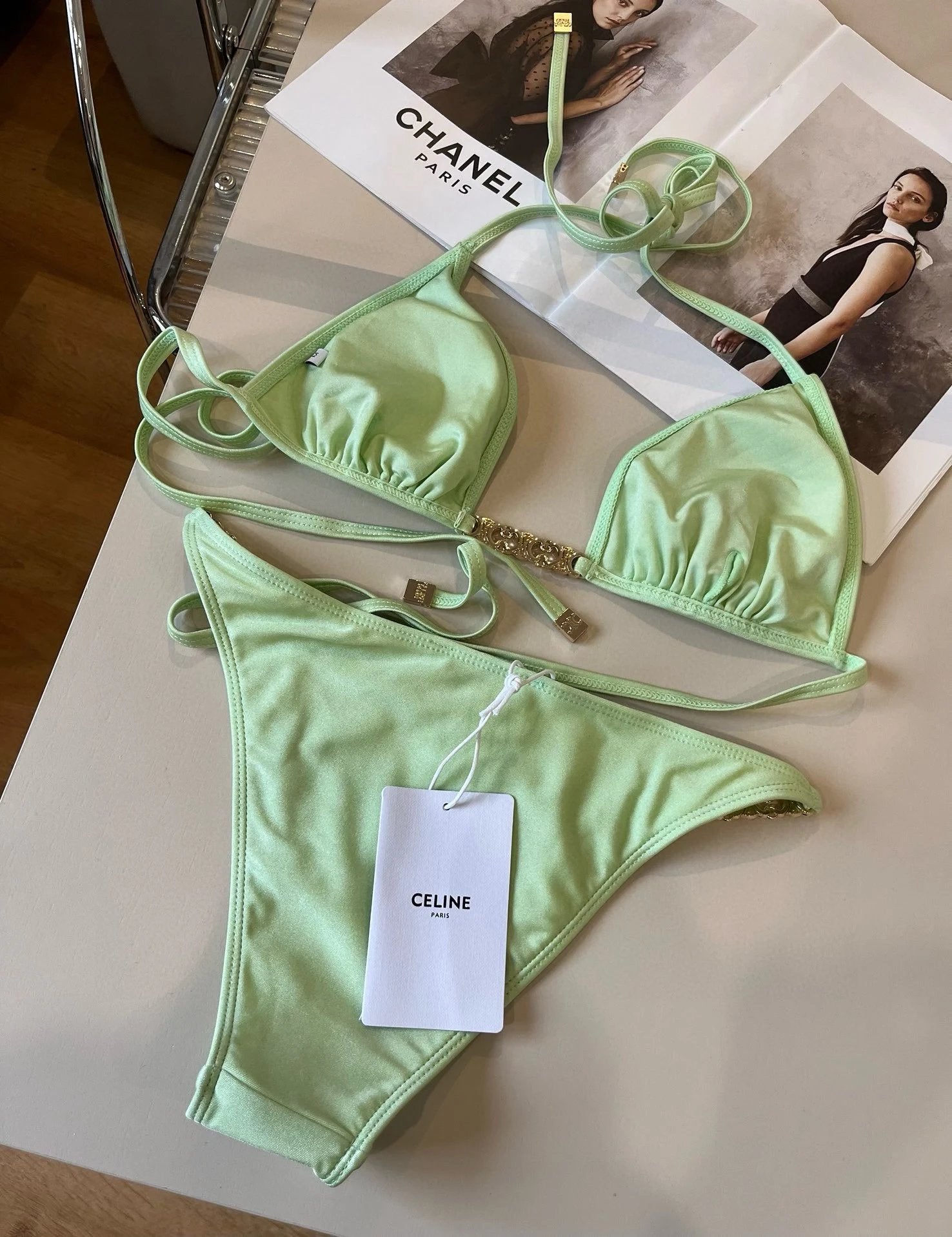 Celine Swimsuit Letter Gold Label Bikini Two-Piece Swimsuit Sexy Backless White Small Chest Gathered Beach Pool Women's Swimwear Vacation Hot Spring