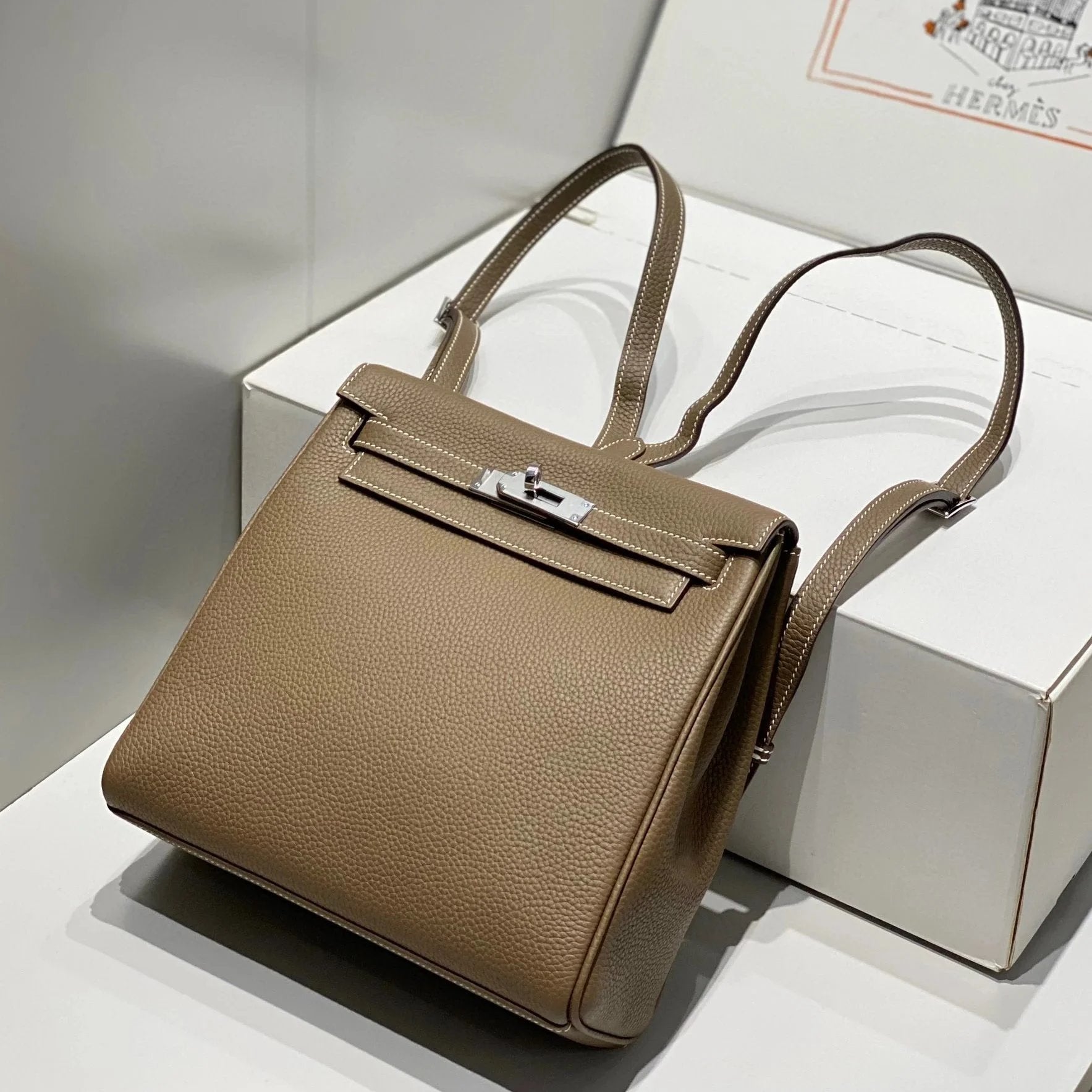 Hermes men's bag Top version 【Handmade】Herme Emma Classic Women's KellyAdo Backpack togo Leather Hand-Stitched Kelly Small Backpack22cm Shoulder Messenger Bag Portable Women's Bag Backpack Schoolbag