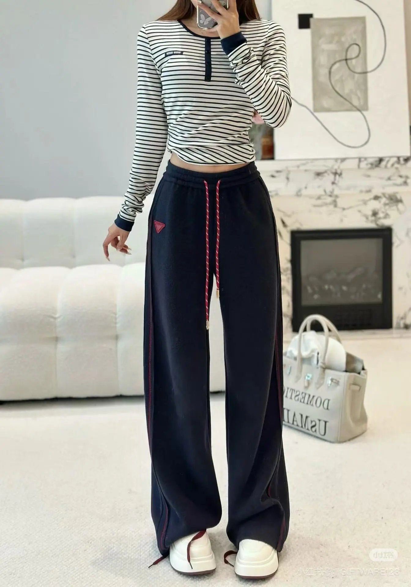 PRADA Sweatpants 24Hot-Selling Design Heavy Craft Triangle Logo High-Waist Elastic Waist Drawstring Casual Wide-Leg Pants Autumn Winter New Arrival