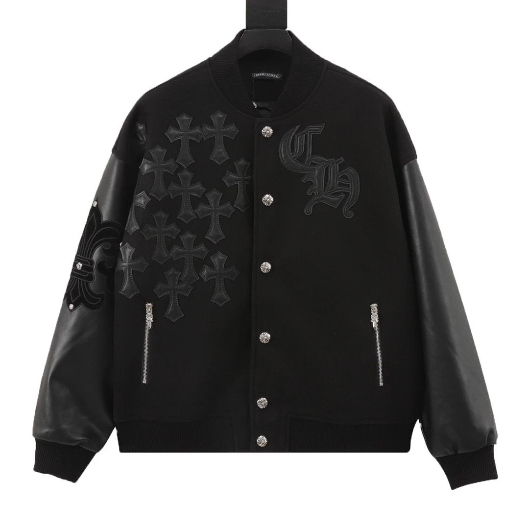 Chrome Hearts Jackets Leather Patch Logo Leather Sleeve Baseball Jacket Solid Color Contrast Short Jacket Towel Embroidery American Style Letters Unisex Street Cotton Padded Thickened Jacket