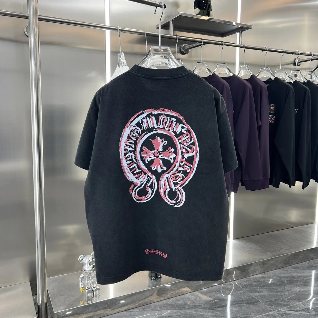 Chrome Hearts T-shirt American Style Distressed Washed Crew Neck Short Sleeve Pure Cotton Unisex T T-shirt OS Loose Fit T-Shirt Casual Simple Base Shirt