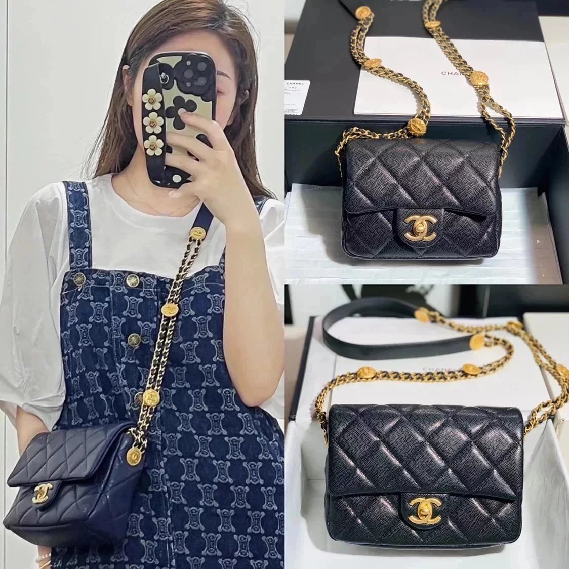 Chanel Women's Bag Top version 【Original Leather】22A New Gold Coin Square Fat Big miniCF Gold Coin Bag Caviar Cowhide Chain Flap Bag Crossbody Bag Shoulder Bag17cm22cm Chain Bag