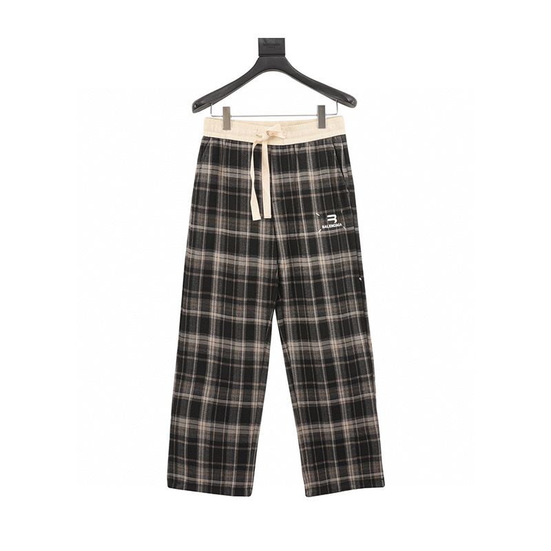 Balenciaga Sweatpants Embroidered Logo Plaid Trousers for Men and Women