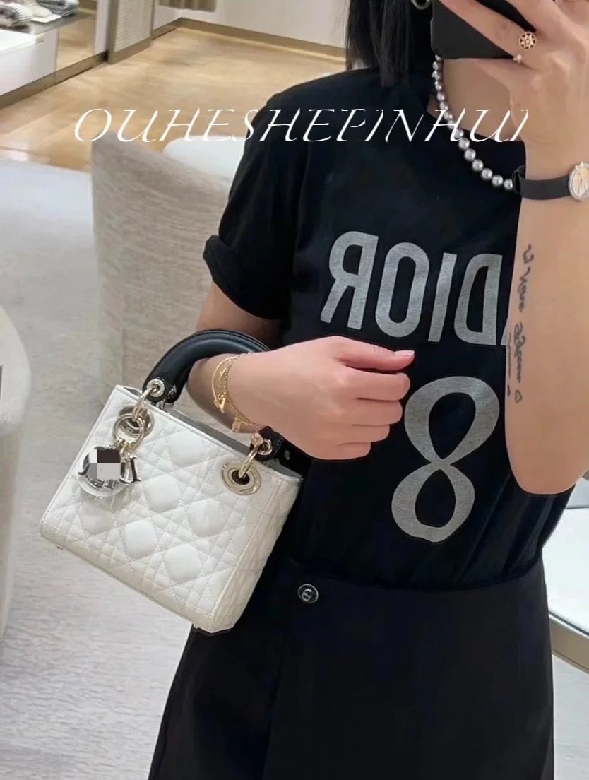 Dior Women's Bag Top version 【Grade Surrogate Shopping Original Factory】2024New Panda Color Matching Lady Sheepskin Mini Three Grids and Four Grids Diana Bag Sheepskin Handbag Shoulder Messenger Bag for Women