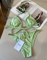 Celine Swimsuit Letter Gold Label Bikini Two-Piece Swimsuit Sexy Backless White Small Chest Gathered Beach Pool Women's Swimwear Vacation Hot Spring