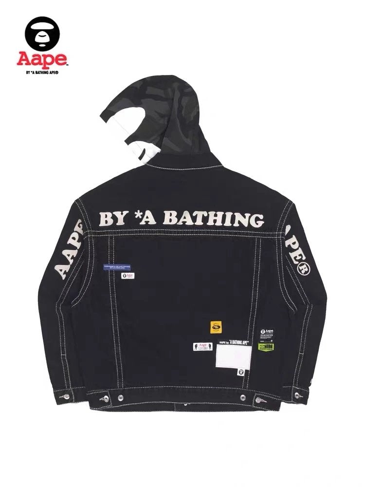 Bape Jackets Top Version Men's Autumn and Winter Letter Embroidery Denim Hooded Ape Face Printing Stylish Coat