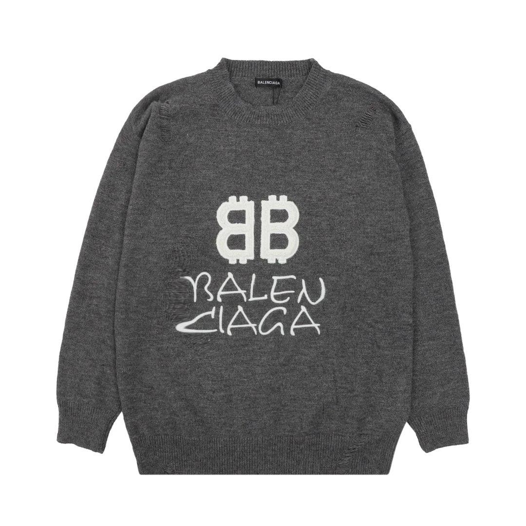 Balenciaga Sweater Double B Embroidered Knitted Sweater Crew Neck Sweater Long Sleeve Pullover Unisex Thickened OS Loose Fit Top Versatile Casual Jacket Lazy Style