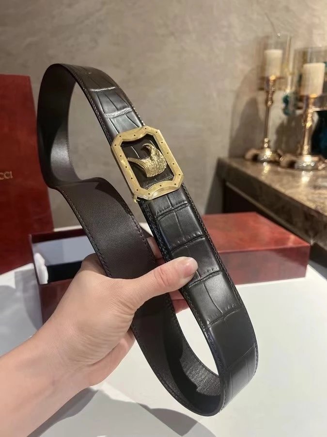 Stefano Ricci Belt Top version Men's Belt Width:3.8cm Boutique Eagle Head Fine Steel Buckle Gold Vacuum Plating New Belt Selected Italian First Layer Cowhide Shark Pattern with Crystal Calfskin Bottom