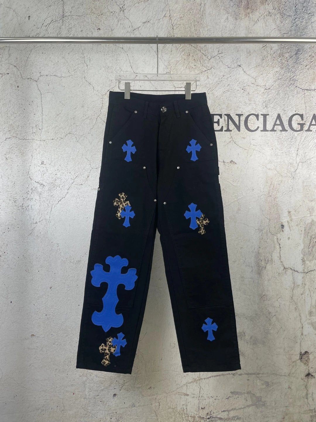 Chrome Hearts Jeans Workwear Logging Klein Blue Patchwork Straight Jeans Autumn Winter New Unisex Loose Casual Wide Leg High Waist Pants