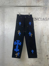 Chrome Hearts Jeans Workwear Logging Klein Blue Patchwork Straight Jeans Autumn Winter New Unisex Loose Casual Wide Leg High Waist Pants