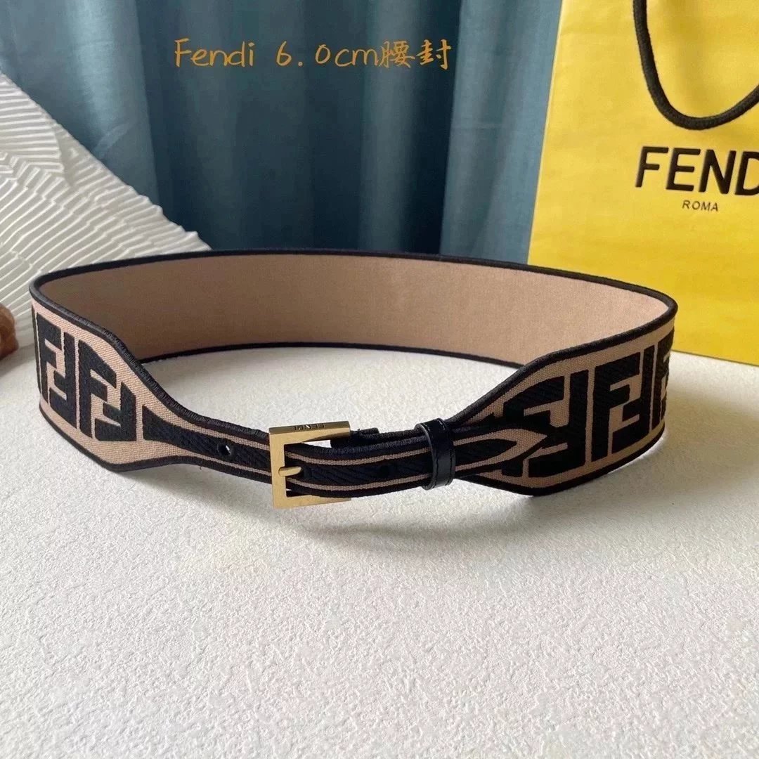 FENDI Belt Top version Exclusive Customized Mobile Phone Real Shot High Quality Women's Belt Fashionable All-Match Waist Seal Width6.0Centimeter Wide